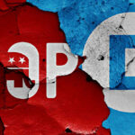Court Packing Plot Tests Party’s RED LINE… Red GOP logo and blue Democrat logo on cracked wall.