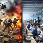 Military Oath CRISIS: 1,000% Surge Stuns Pentagon… A split image showing soldiers in a battlefield on one side and people working with robots on the other