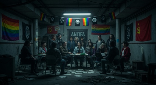 shutterstock_2715303843.jpg A diverse group of individuals gathered in a dimly lit room for a meeting, surrounded by various flags