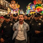 Ex-Cop AMBUSH Plot STOPPED — ICE Bloodbath Averted… A man being escorted by police during a Mardi Gras celebration