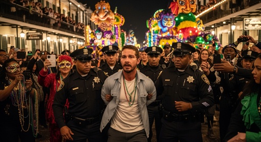 shutterstock_2740055835.jpg A man being escorted by police during a Mardi Gras celebration