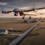 Aerial view of drones flying over a rural landscape with a farmhouse
