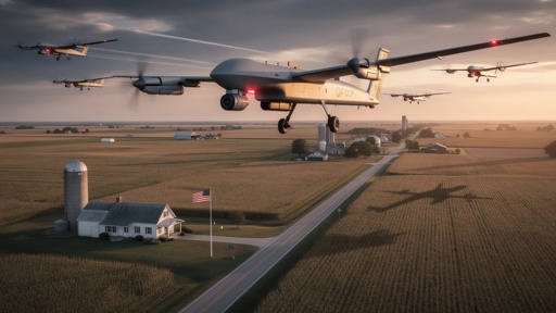 shutterstock_2741090769.jpg Aerial view of drones flying over a rural landscape with a farmhouse