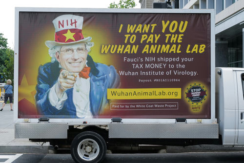 shutterstock1977029702-2jpg A van with an anti-NIH billboard featuring Anthony Fauci.