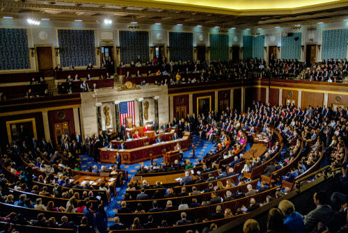 shutterstock_1186368262-1- Large assembly in U.S. House of Representatives, Capitol Building.