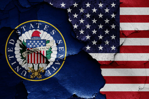shutterstock_1787937689.jpg United States Senate seal and American flag, cracked paint.