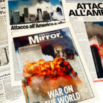 9/11 Flight Mystery: Who Flew the Jets? Collection of newspapers covering the September 11 attacks with dramatic headlines and images