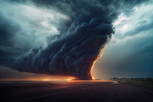 Tornado.,Digital,Art.,Massive,Tornado,,Cyclone,On,Land,With,Huge A dramatic twisting cloud formation at sunset over a road