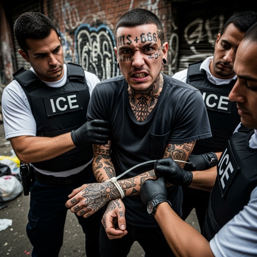 Ms-13,Gang,Memeber,With,666,On,Face,Sneering,Being,Arrested Law enforcement officers arresting a man with tattoos in an urban environment