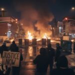 SENATOR PEPPER-SPRAYED: Shockwaves Through Newark Protest… Protesters marching in a street with signs, flames visible in the background