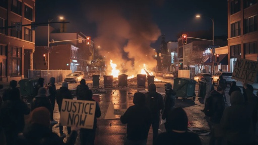 Fires,And,Protests,At,Night,On,The,Streets,Of,Minneapolis Protesters marching in a street with signs, flames visible in the background