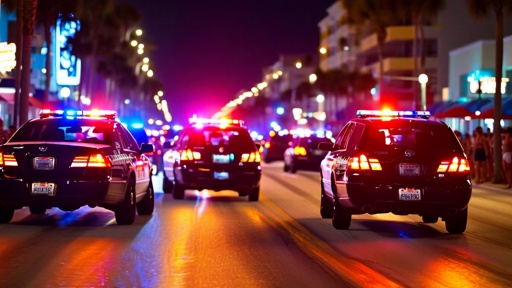 shutterstock_2755170895.jpg Police cars with flashing lights on a city street at night
