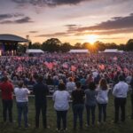 Springsteen BLASTS Trump Onstage—Concert Turns Political! Large crowd at a political rally during sunset