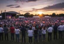 Springsteen BLASTS Trump Onstage—Concert Turns Political! Large crowd at a political rally during sunset