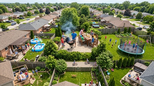 shutterstock_2781590321.jpg Aerial view of a lively backyard barbecue with families and children enjoying various activities