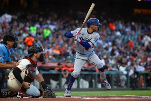 August,1,,2022,-,San,Francisco:,Los,Angeles,Dodgers,Outfielder A baseball player from the Dodgers prepares to bat while the catcher is in position