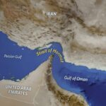 TRUMP HITS BACK: Iran Warns ‘Crushing’ Reply Map highlighting the Strait of Hormuz between Iran and the Arabian Peninsula