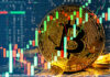 Bitcoin symbol overlaid with stock market graphs.