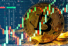 Crypto Spying Plot Snags American Student Bitcoin symbol overlaid with stock market graphs.