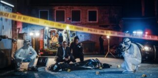 Police and forensic team investigating a crime scene in a dark alley