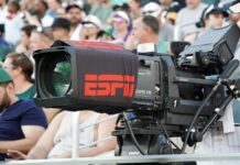 Camera Crackdown Ignites Sports TV Fight Broadcast camera with ESPN branding at a sports event
