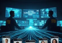Whistleblower: China Links Scrubbed FBI agents monitoring active surveillance feeds with multiple smartphone video calls displayed