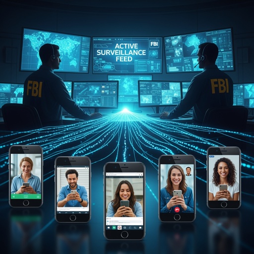 Fbi,Watching,People,Through,Their,Smartphones FBI agents monitoring active surveillance feeds with multiple smartphone video calls displayed