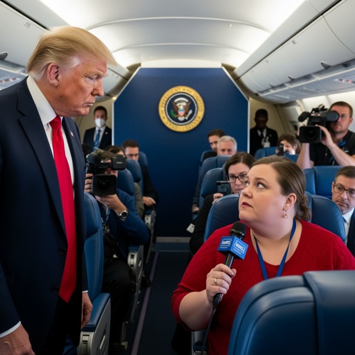 shutterstock_2703711583 A political figure interacting with a reporter on an airplane