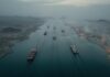 Russia Slams Shut Its Own Sea Aerial view of cargo ships navigating a shipping channel