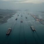 Russia Slams Shut Its Own Sea Aerial view of cargo ships navigating a shipping channel