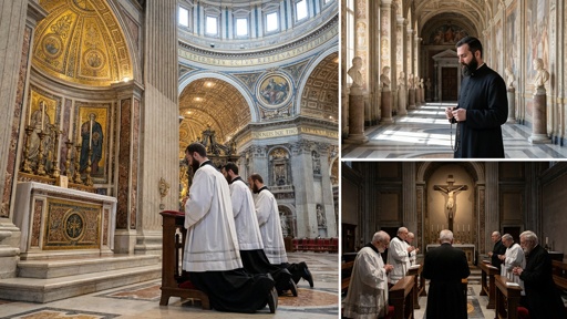 Incredible,Images,Of,Inside,The,Vatican,With,Preists,Praying Clergy members kneeling in prayer inside a grand cathedral