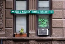 Con Ed Uniform, Door Kick-In, Brooklyn Chaos Apartment facade with windows, neon sign, and street direction sign